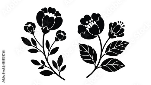 A striking black and white floral illustration depicting two delicate branches of blossoming flowers and leaves