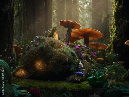 Profound Slumber of the Verdant Forest Spirit, Illuminated by Glimmering Moss and Giant Luminous Fungi