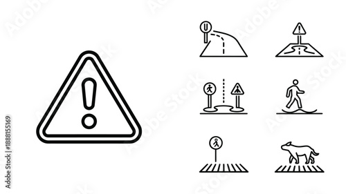 Traffic Warning Road Sign Line Icon Set