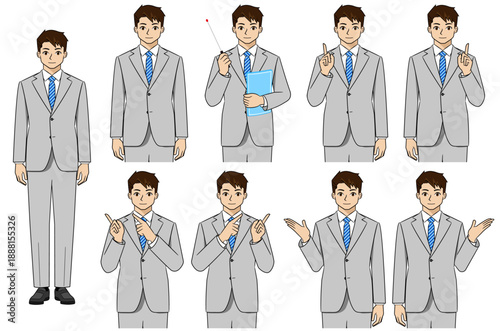 スーツを着た若いビジネスマンの案内・説明ポーズセット