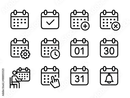 Collection of vector icons representing various calendar functionalities and dates