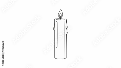 Single lit candle with dripping wax and flame.