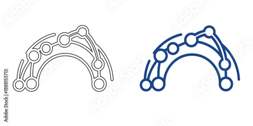 Arched Network Nodes and Orbital Connectivity Icon, Global Data Infrastructure and Blockchain Bridge Concept, Blue Outline and Bold Line Art Vector