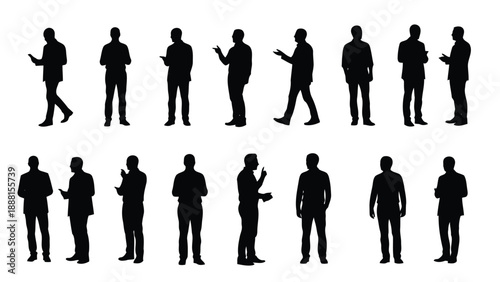 Silhouettes of business people in suits showcase various poses representing communication leadership and professional interactions