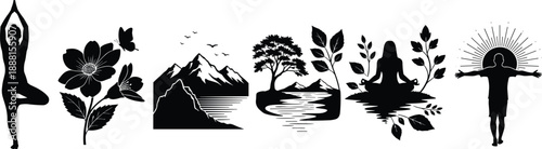 Yoga pose, flower and butterflies, mountain landscape, tree by water, meditation scene, radiant sunburst, nature icons, wellness, peace, harmony