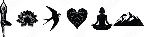 Yoga pose, lotus flower, flying bird, heart leaf, meditation silhouette, mountain landscape, nature icons, wellness symbols, peaceful design, spiritual harmony