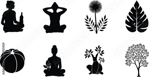 Meditation pose, nature leaf, flower silhouette, pumpkin icon, rabbit with branches, tree illustration, peaceful design, wellness, mindfulness, organic living