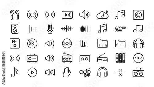 Set of vector icons representing various audio and music-related symbols and devices.