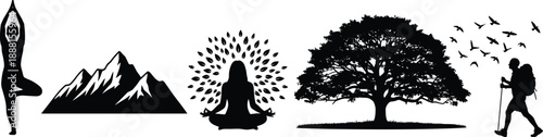 Yoga pose, mountain range, meditation silhouette, tree illustration, hiking figure, birds flying, nature icons, wellness, mindfulness, outdoor adventure, peace
