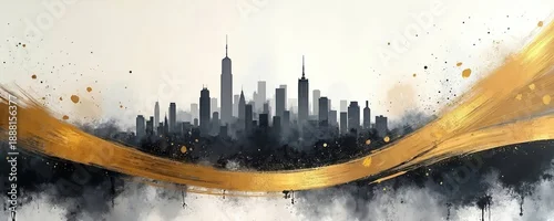 Panel kuchenny z motywem Abstract cityscape with dark grey skyscrapers and golden brush strokes. Splattered paint and minimalist design create a modern, elegant urban scene with subtle textures and a sense of depth.