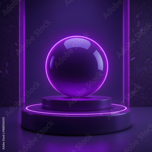 Glowing purple crystal ball on futuristic podium with neon light in dark sci-fi background