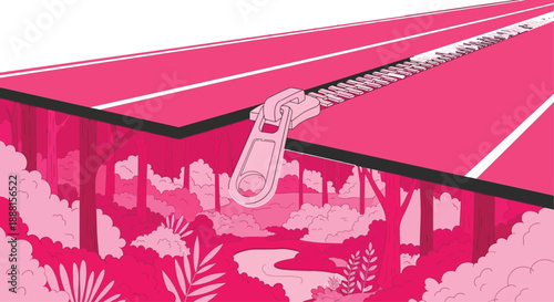 Zipper opening to reveal a pink forest landscape, concept of access, discovery, nature and creativity