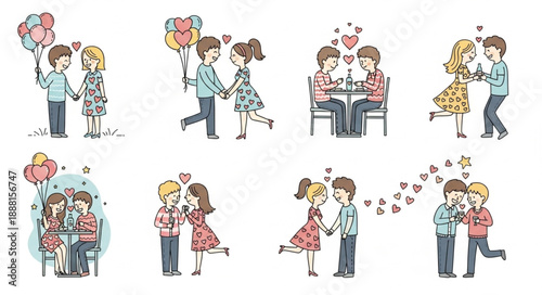 Couple Romantic Moments Collection Cute Cartoon Style.