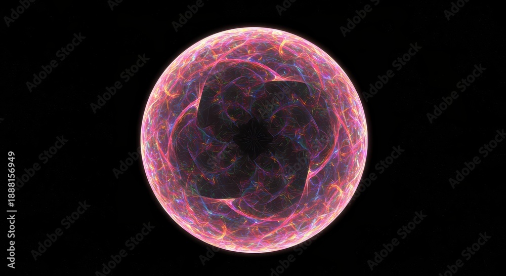 Naklejka premium Glowing energy orb displays intricate luminous patterns against a deep black background