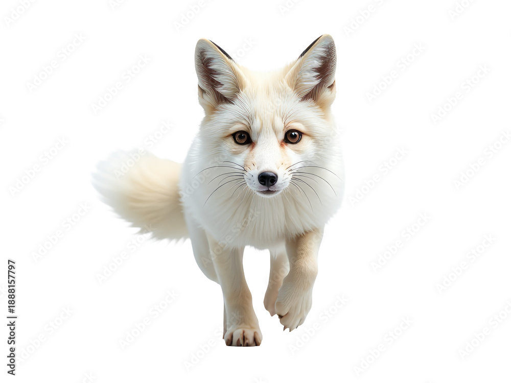 Fototapeta premium A white fox runs across a plain white background