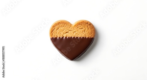 Heart shaped cookie partially dipped in dark chocolate on white background