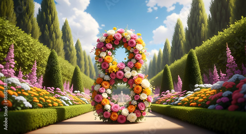 Vibrant floral archway in lush garden pathway with colorful blooms and towering trees under blue sky