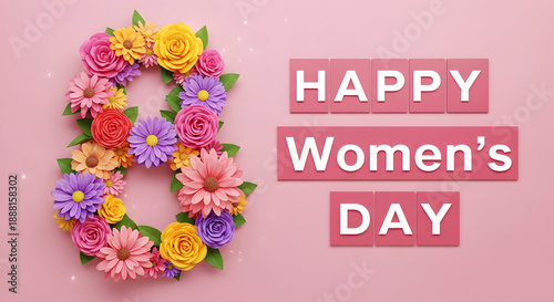 Vibrant floral wreath with happy women's day message on pink background