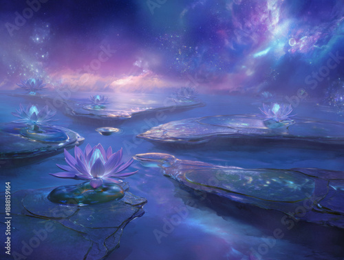 Ethereal Lotus Blossoms Resting on Crystalline Pools Under the Shimmering Purple Expanse of a Nebular Night Sky