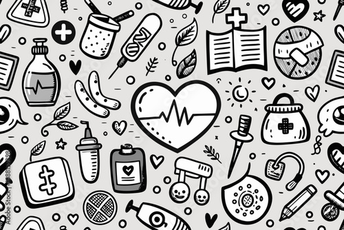 Black and white seamless healthcare doodle background with medical