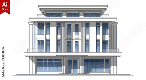 Modern Corporate Office Building with Glass Windows and Balconies in a Bright Studio Background.
