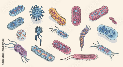 Collection of Various Bacteria and Virus Microorganisms in a Scientific Illustration on a Light Beige Background.