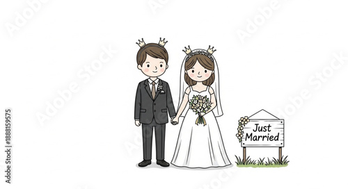 Cute Cartoon Couple Just Married Wedding Day Celebration.