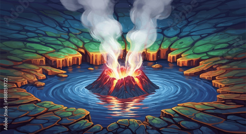 Powerful volcano erupting with smoke, flowing lava, and cracked earth, surrounded by water and dark, dramatic landscape.