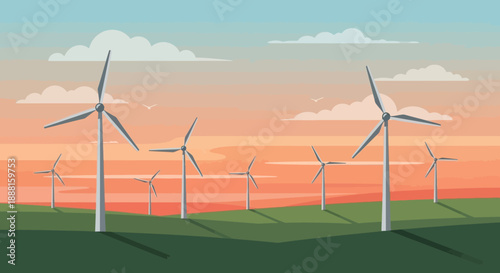 Serene Wind Farm with Wind Turbines in Green Field at Sunset