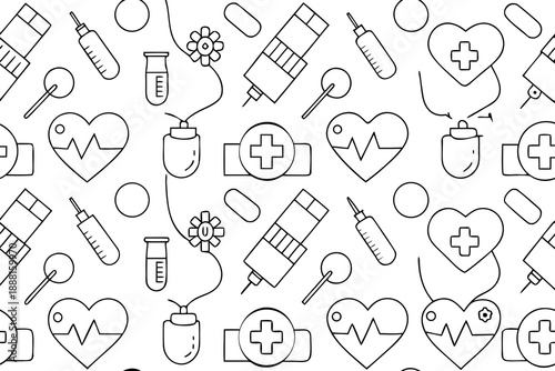 Medical themed seamless pattern with black line on white background healthcare line black and white heart