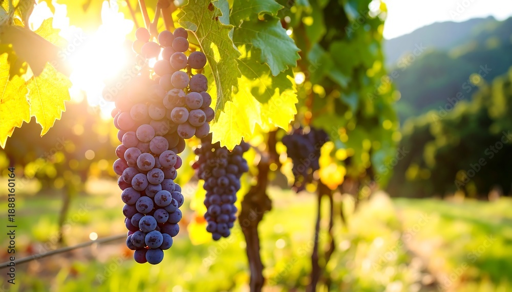 Naklejka premium Ripe purple wine grapes hanging on a vine in a sunlit vineyard at sunset.