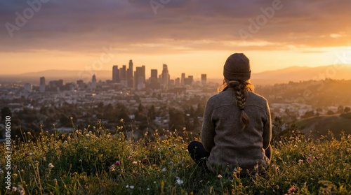 A young woman on a road in Paris relaxes while looking at a sunset mountain view, blending a travel lifestyle with a peaceful meditation on nature and freedom