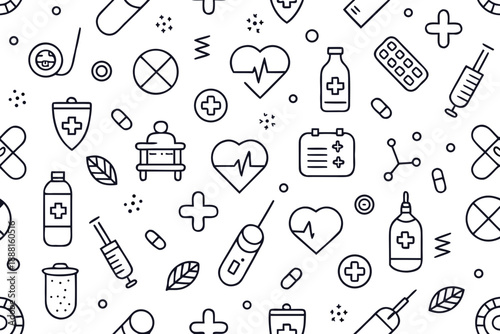 Minimal medical seamless pattern with black line on white background