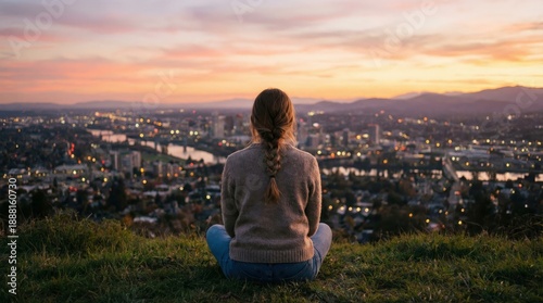 A young woman on a road in Paris relaxes while looking at a sunset mountain view, blending a travel lifestyle with a peaceful meditation on nature and freedom