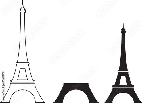 A famous vector illustration of the Eiffel Tower landmark in Paris, France, featuring a silhouette design of the iconic metal construction and European architecture for travel and tourism