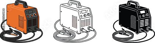 Three stylized illustrations of a welding machine in color, line art, and silhouette for industrial and technical visuals