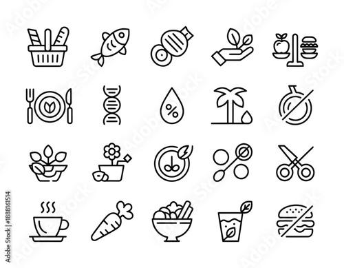 Collection of vector icons illustrating food, nutrition, and dietary concepts