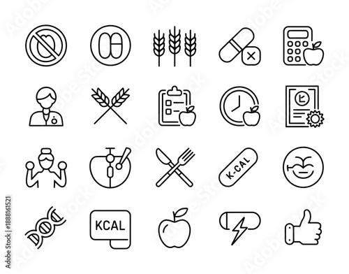 Collection of vector icons representing health and nutrition themes for modern design