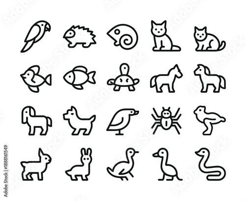 Vector illustration showcasing a variety of animals depicted in black and white line art style