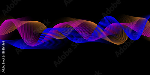 Neon flowing wavy lines on black background. Abstract sound wave design for ai concept, equalizer, audio record, voice assistant. Blue, pink orange gradient curve stripes. Vector wallpaper