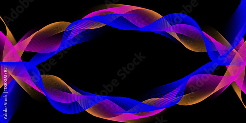 Neon flowing wavy lines on black background. Abstract sound wave design for ai concept, equalizer, audio record, voice assistant. Blue, pink orange gradient curve stripes. Vector wallpaper