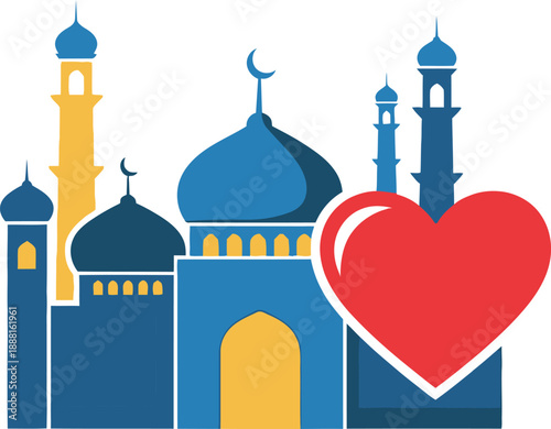 Beautiful mosque illustration with a loving red heart symbolizing peace faith and religious devotion for spiritual harmony