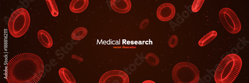 Medical Research Concept With Floating Red Blood Cells And Abstract Dark Background For Healthcare, Science, And Laboratory Design. Blood Cells Research. Vector Illustration.
