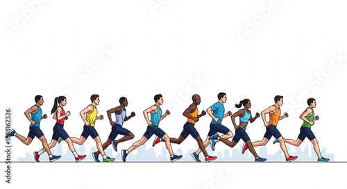 Diverse group of athletes running a race together on a white background.