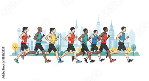 Diverse group of athletes running marathon in city.