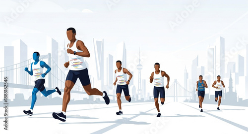 Diverse group of male athletes running a marathon race in a city.