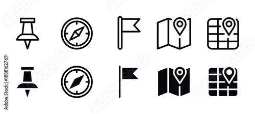 This vector icon set includes navigation and location symbols used for maps and directions.