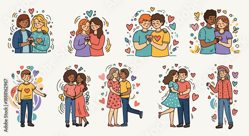 Diverse Couples Expressing Love and Affection Through Hugs and Hearts.