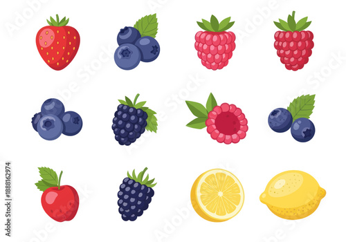 Illustration of various fresh berries and lemon including strawberry, blueberry, raspberry, blackberry, and lemon slices, ideal for food and health designs