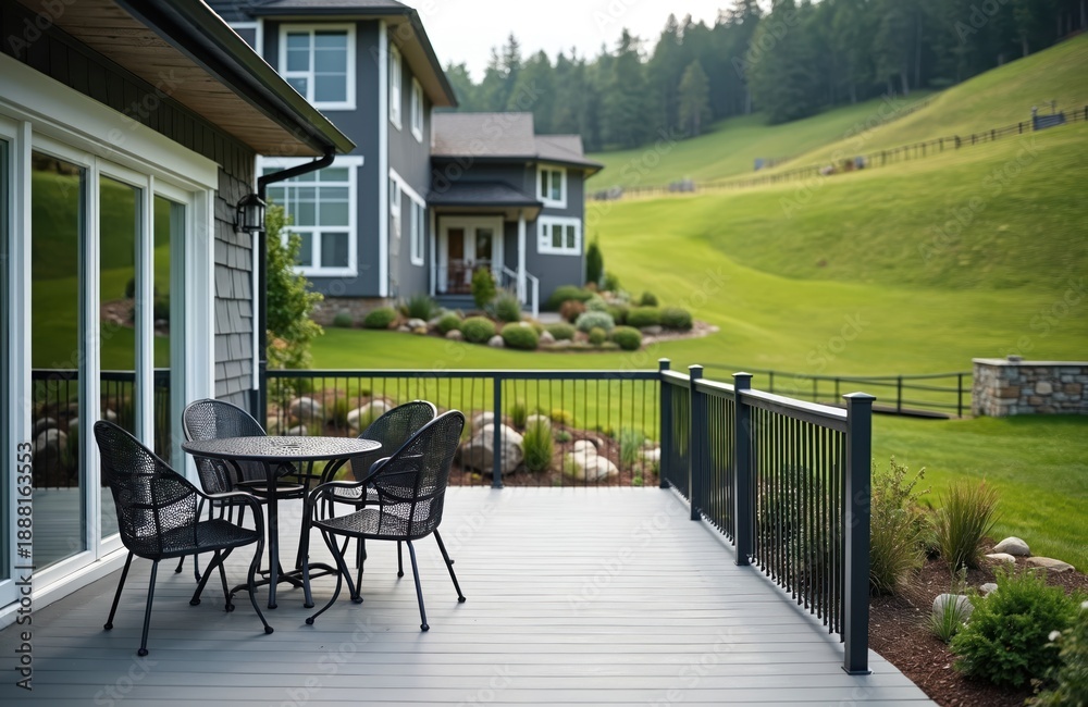 Naklejka premium Modern deck with table and chairs overlooks green hill. Luxury house with manicured garden and forest backdrop. Outdoor seating area for relaxation and entertaining.